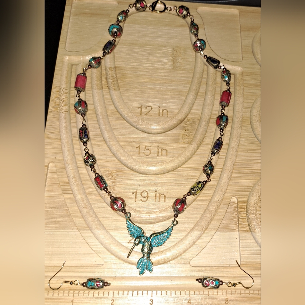 Hummingbird & Tibetan Inlay Bead Pendant & Earrings 14K Gold Over Sterling Hooks